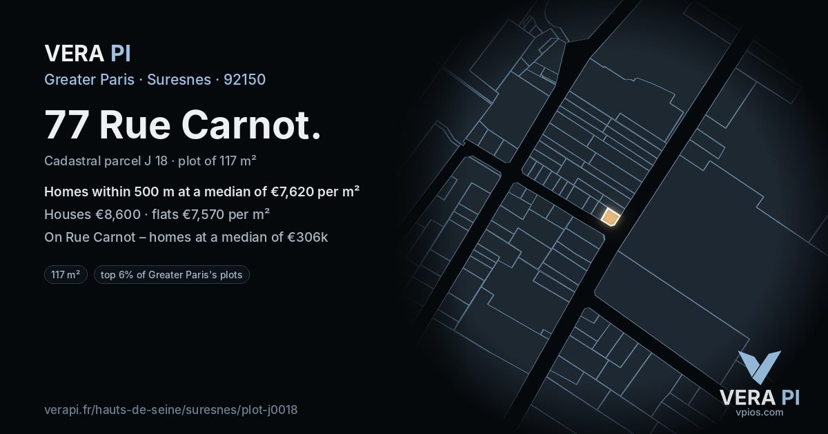 77 Rue Carnot, Suresnes at night – the plot lit, the parcels around coloured by the prices near them