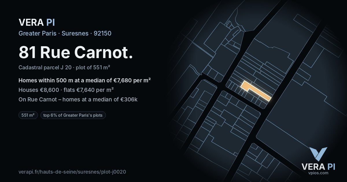 81 Rue Carnot, Suresnes at night – the plot lit, the parcels around coloured by the prices near them