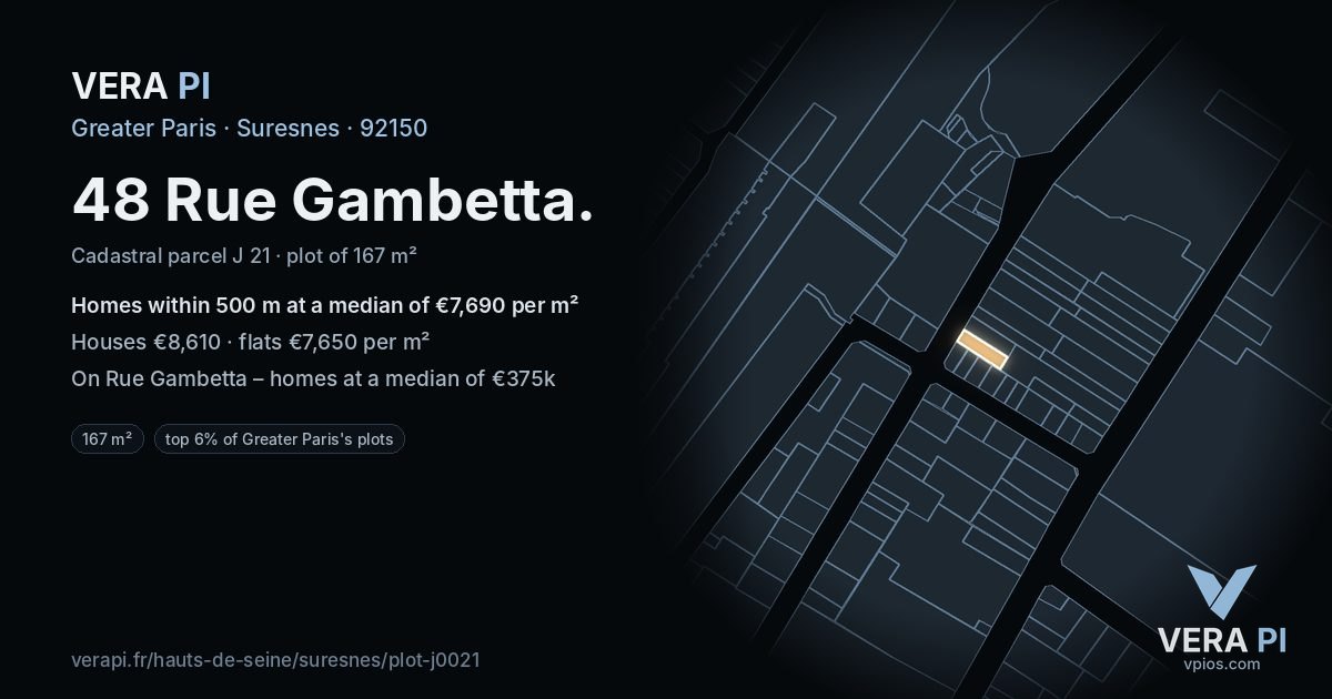 48 Rue Gambetta, Suresnes at night – the plot lit, the parcels around coloured by the prices near them