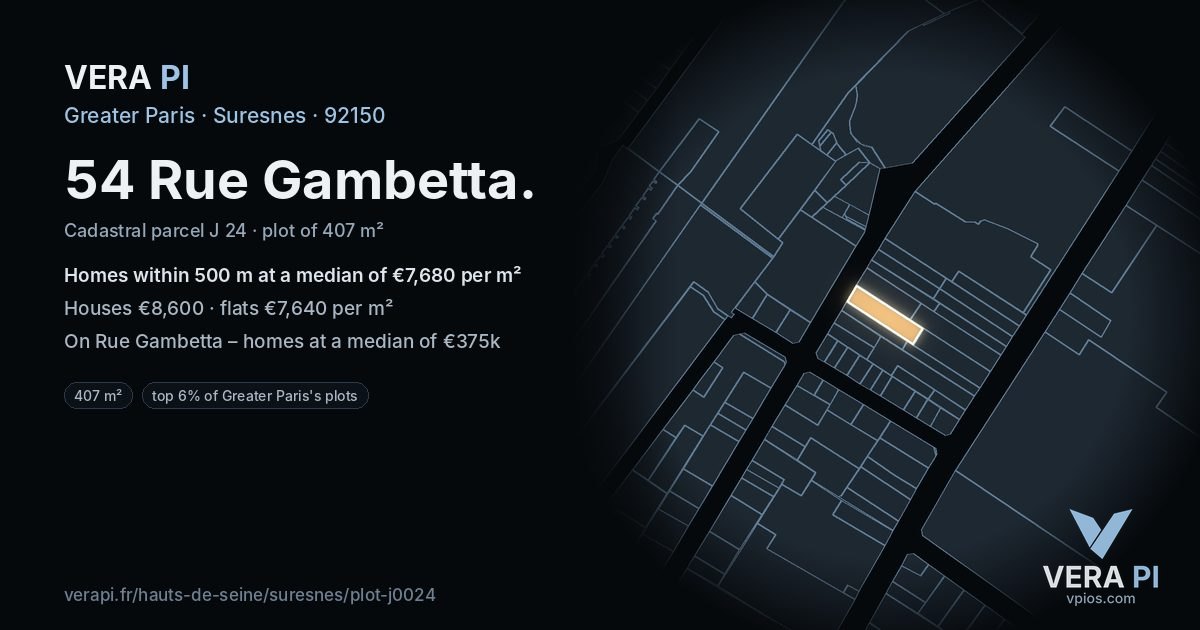 54 Rue Gambetta, Suresnes at night – the plot lit, the parcels around coloured by the prices near them
