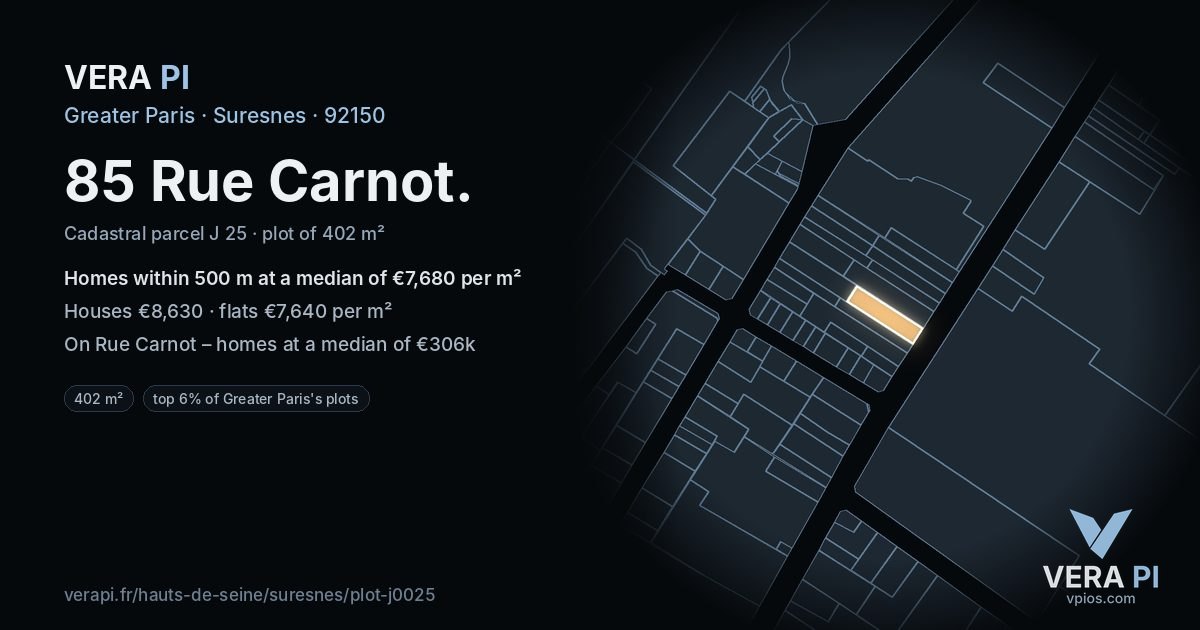 85 Rue Carnot, Suresnes at night – the plot lit, the parcels around coloured by the prices near them