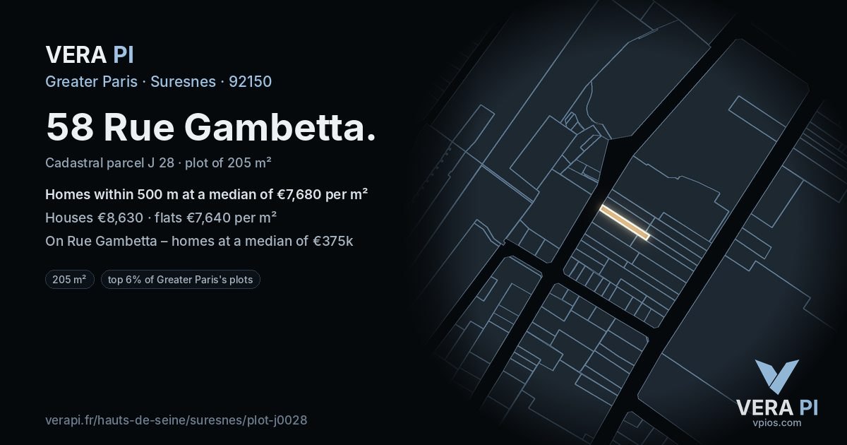 58 Rue Gambetta, Suresnes at night – the plot lit, the parcels around coloured by the prices near them