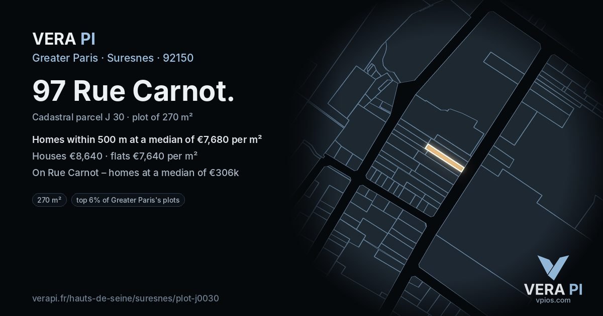 97 Rue Carnot, Suresnes at night – the plot lit, the parcels around coloured by the prices near them