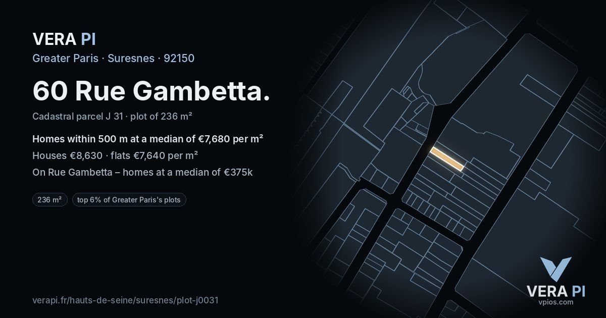 60 Rue Gambetta, Suresnes at night – the plot lit, the parcels around coloured by the prices near them