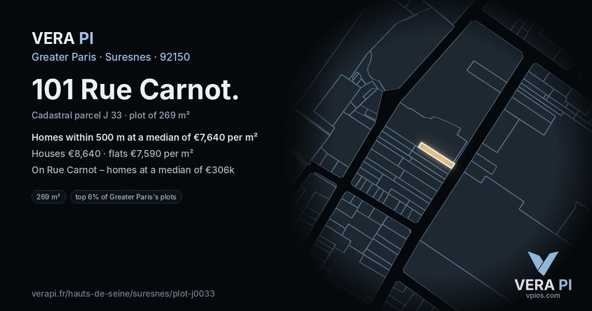 101 Rue Carnot, Suresnes at night – the plot lit, the parcels around coloured by the prices near them