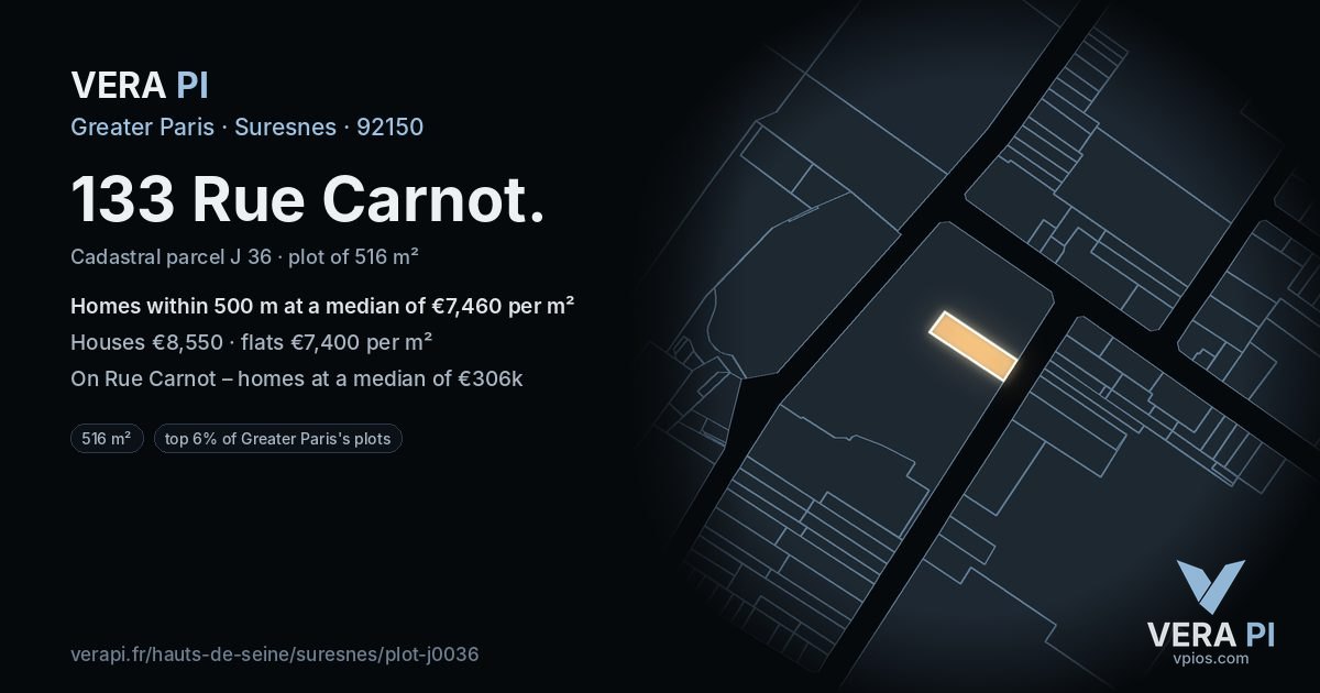 133 Rue Carnot, Suresnes at night – the plot lit, the parcels around coloured by the prices near them