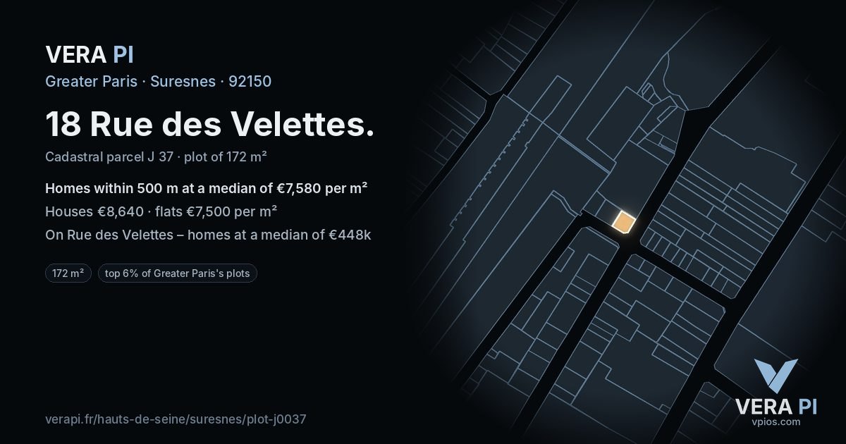 18 Rue des Velettes, Suresnes at night – the plot lit, the parcels around coloured by the prices near them