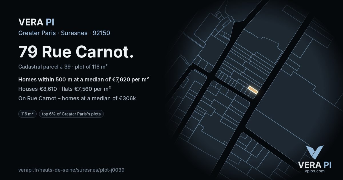 79 Rue Carnot, Suresnes at night – the plot lit, the parcels around coloured by the prices near them