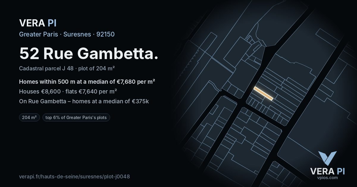 52 Rue Gambetta, Suresnes at night – the plot lit, the parcels around coloured by the prices near them