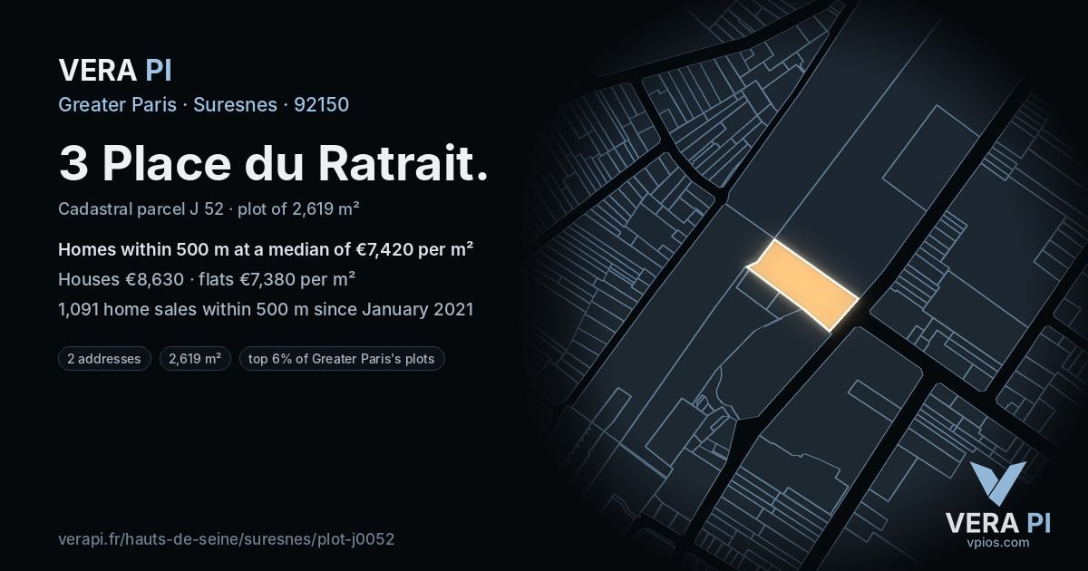 3 Place du Ratrait, Suresnes at night – the plot lit, the parcels around coloured by the prices near them