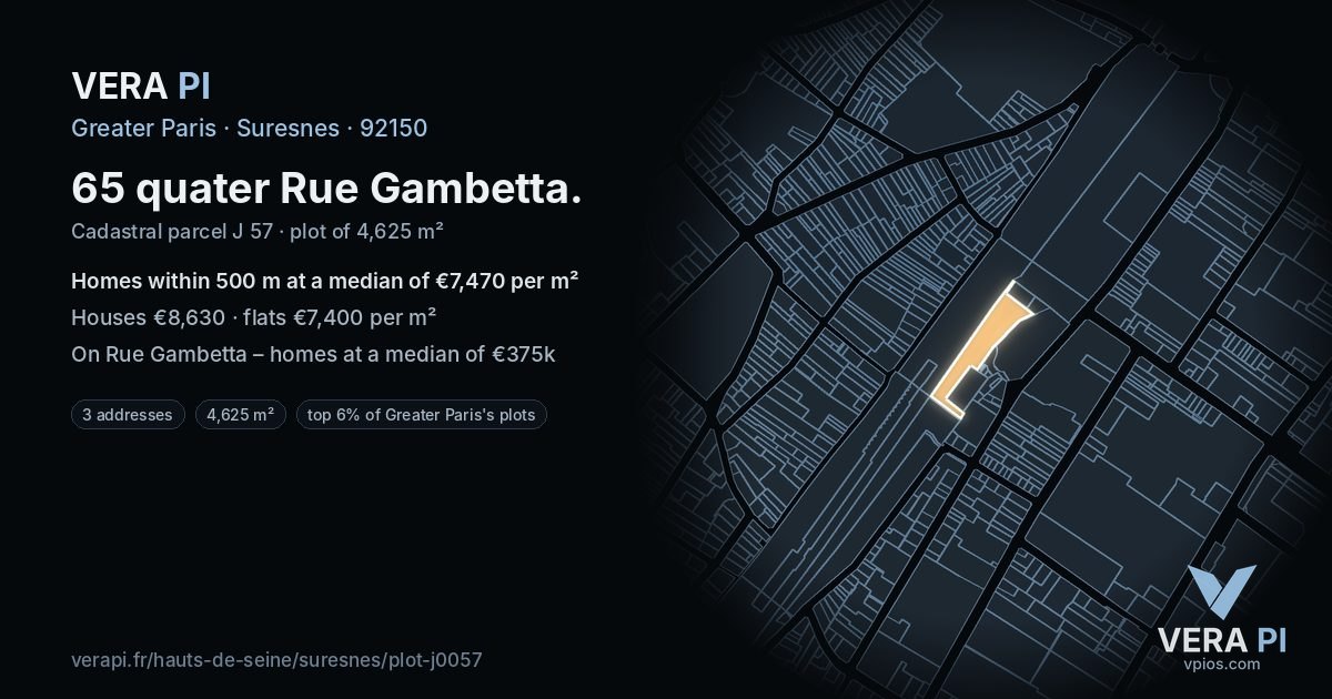 65 quater Rue Gambetta, Suresnes at night – the plot lit, the parcels around coloured by the prices near them