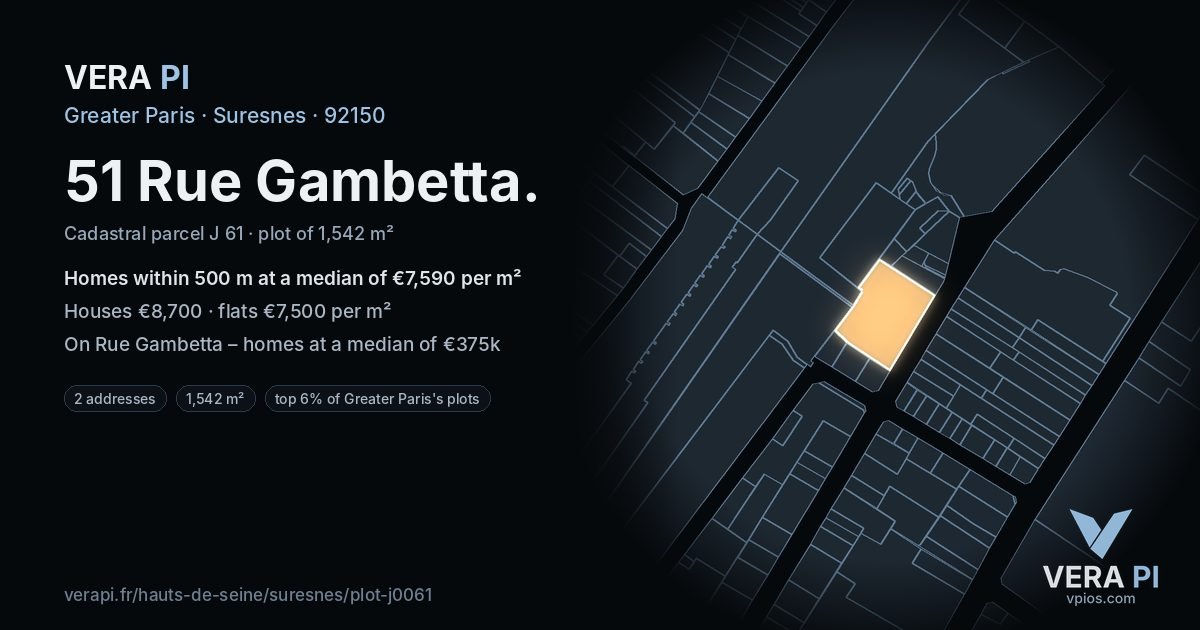 51 Rue Gambetta, Suresnes at night – the plot lit, the parcels around coloured by the prices near them