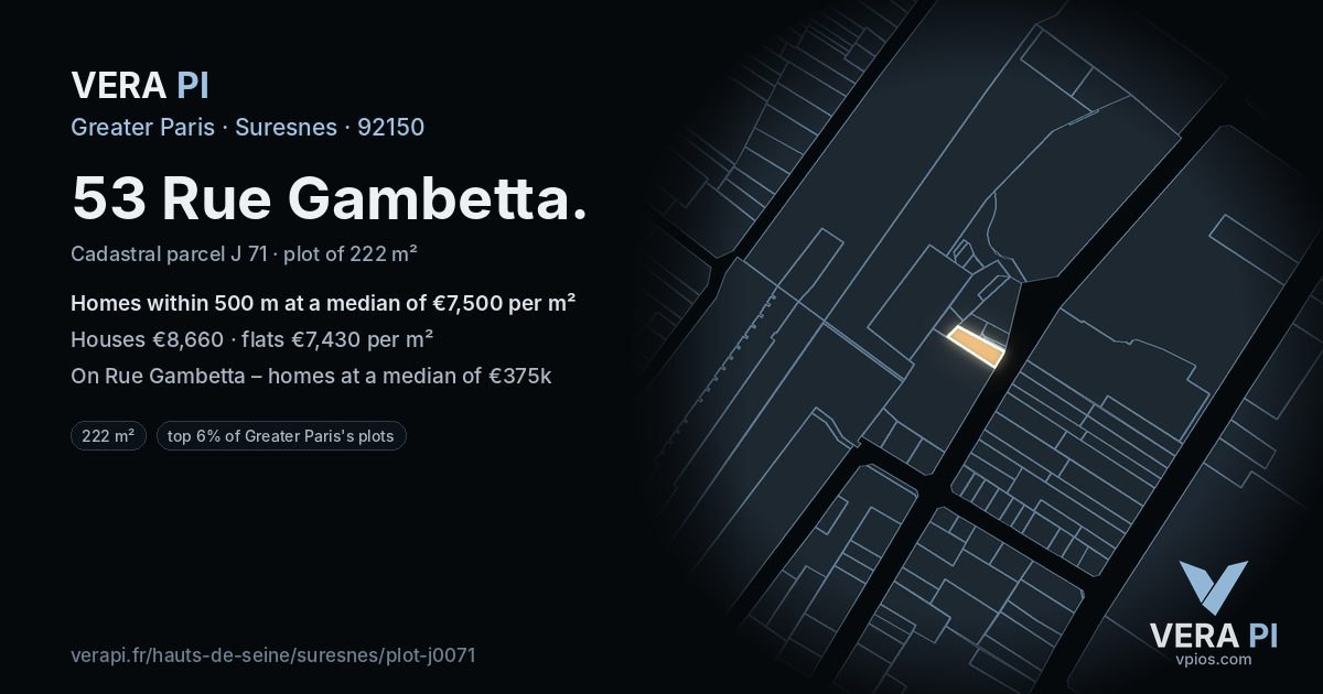 53 Rue Gambetta, Suresnes at night – the plot lit, the parcels around coloured by the prices near them