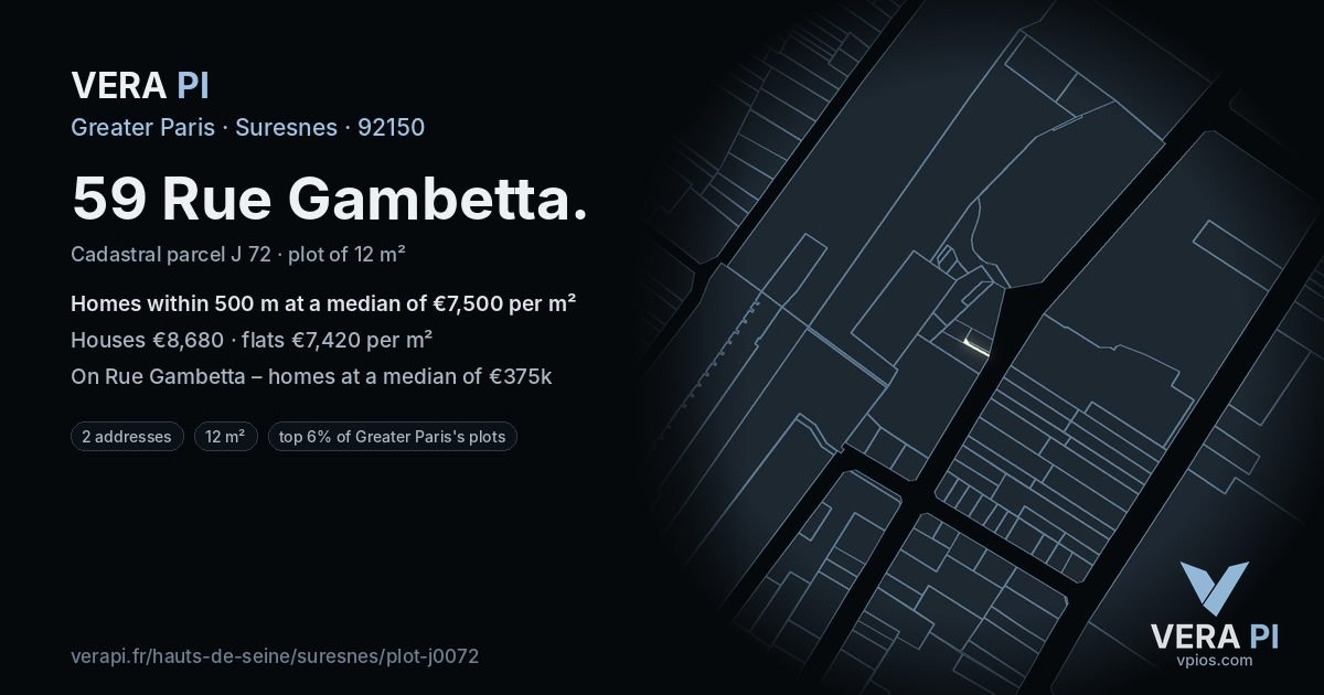 59 Rue Gambetta, Suresnes at night – the plot lit, the parcels around coloured by the prices near them