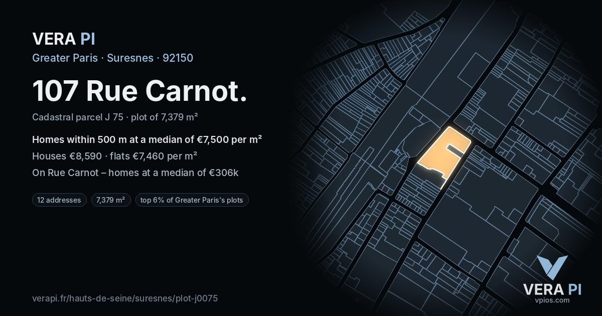 107 Rue Carnot, Suresnes at night – the plot lit, the parcels around coloured by the prices near them