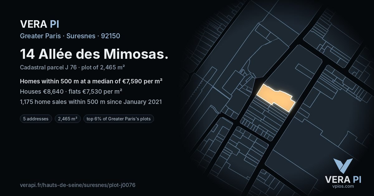 14 Allée des Mimosas, Suresnes at night – the plot lit, the parcels around coloured by the prices near them