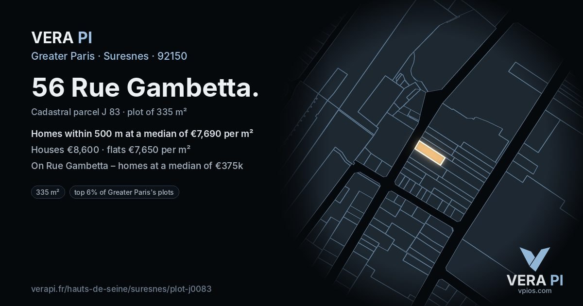 56 Rue Gambetta, Suresnes at night – the plot lit, the parcels around coloured by the prices near them