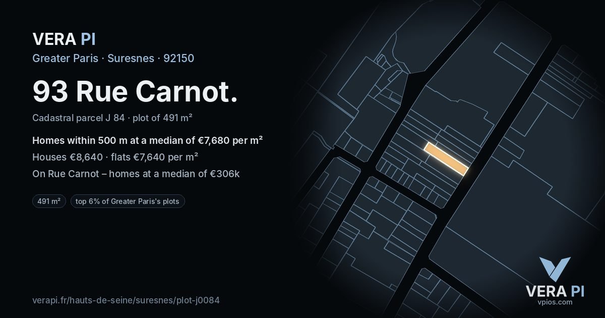 93 Rue Carnot, Suresnes at night – the plot lit, the parcels around coloured by the prices near them