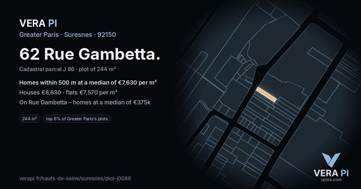 62 Rue Gambetta, Suresnes at night – the plot lit, the parcels around coloured by the prices near them