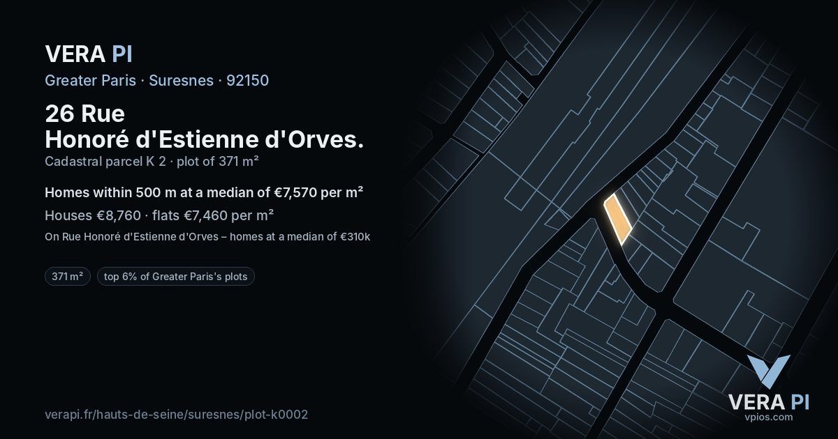 26 Rue Honoré d'Estienne d'Orves, Suresnes at night – the plot lit, the parcels around coloured by the prices near them