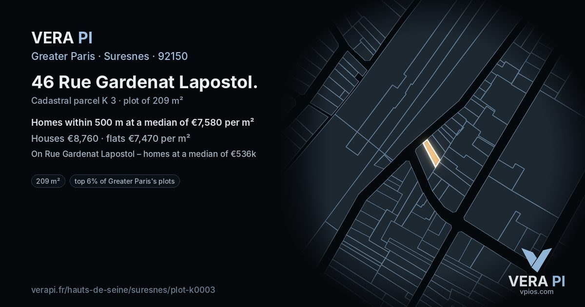 46 Rue Gardenat Lapostol, Suresnes at night – the plot lit, the parcels around coloured by the prices near them