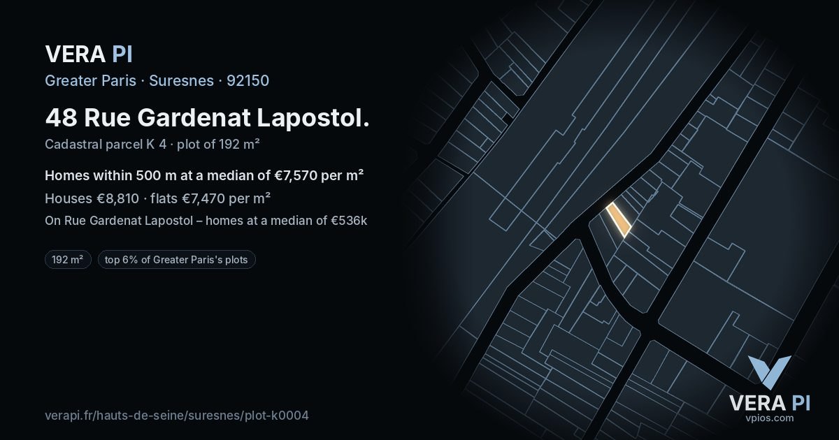48 Rue Gardenat Lapostol, Suresnes at night – the plot lit, the parcels around coloured by the prices near them