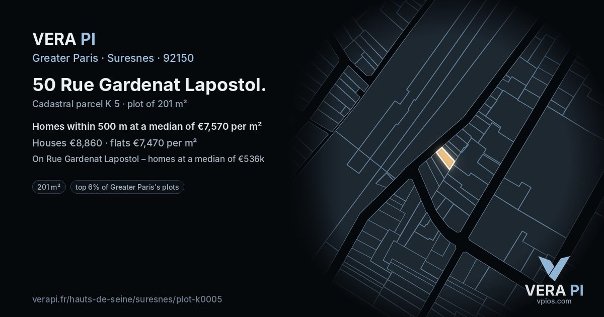50 Rue Gardenat Lapostol, Suresnes at night – the plot lit, the parcels around coloured by the prices near them