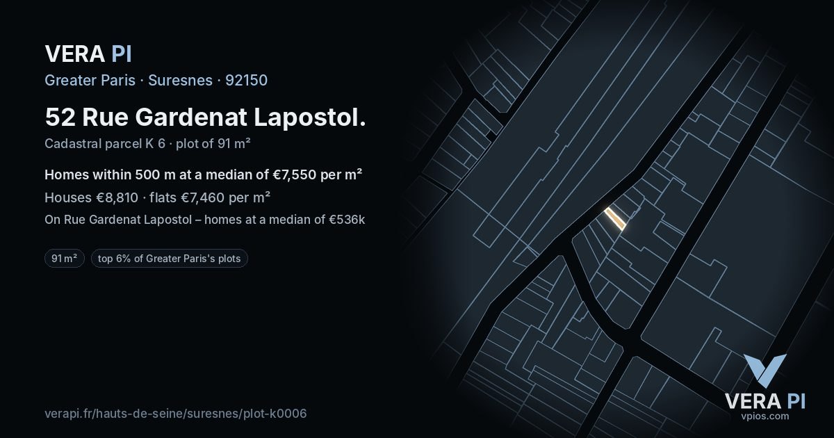 52 Rue Gardenat Lapostol, Suresnes at night – the plot lit, the parcels around coloured by the prices near them