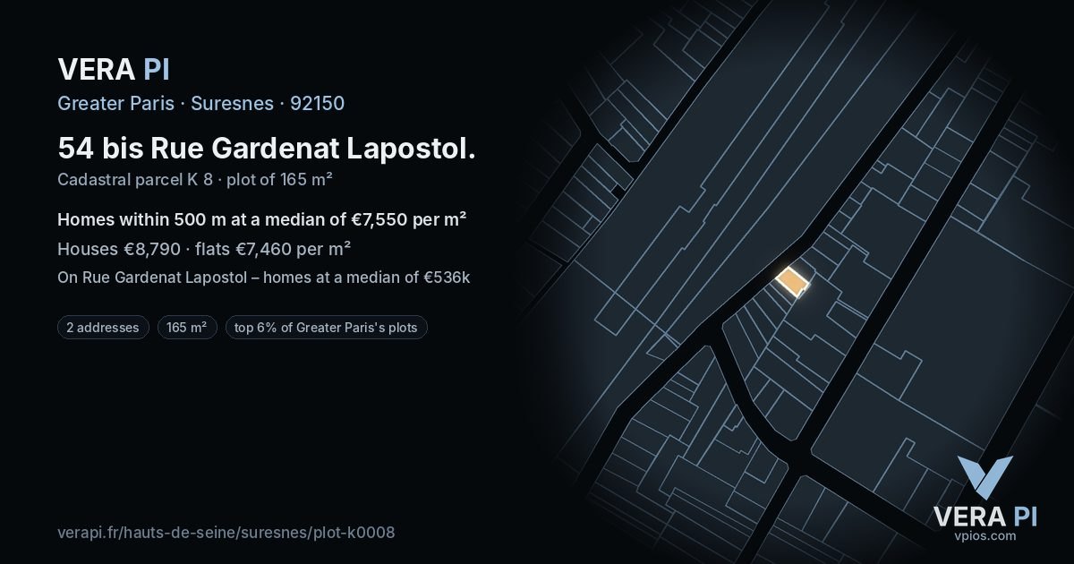 54 bis Rue Gardenat Lapostol, Suresnes at night – the plot lit, the parcels around coloured by the prices near them