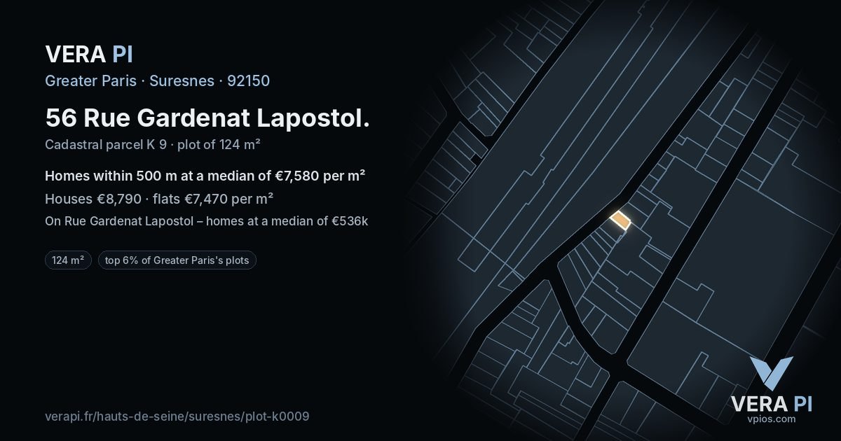56 Rue Gardenat Lapostol, Suresnes at night – the plot lit, the parcels around coloured by the prices near them