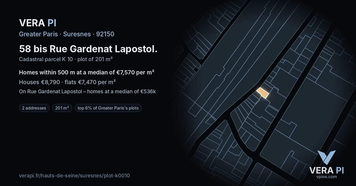 58 bis Rue Gardenat Lapostol, Suresnes at night – the plot lit, the parcels around coloured by the prices near them