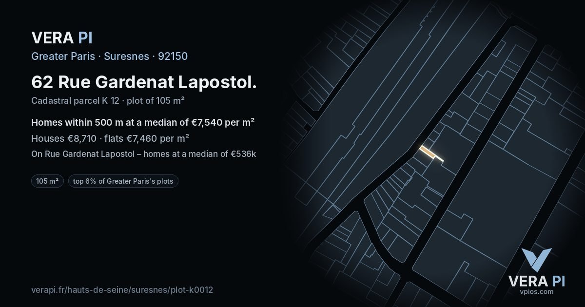 62 Rue Gardenat Lapostol, Suresnes at night – the plot lit, the parcels around coloured by the prices near them