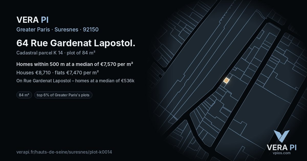 64 Rue Gardenat Lapostol, Suresnes at night – the plot lit, the parcels around coloured by the prices near them