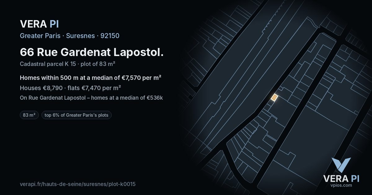 66 Rue Gardenat Lapostol, Suresnes at night – the plot lit, the parcels around coloured by the prices near them
