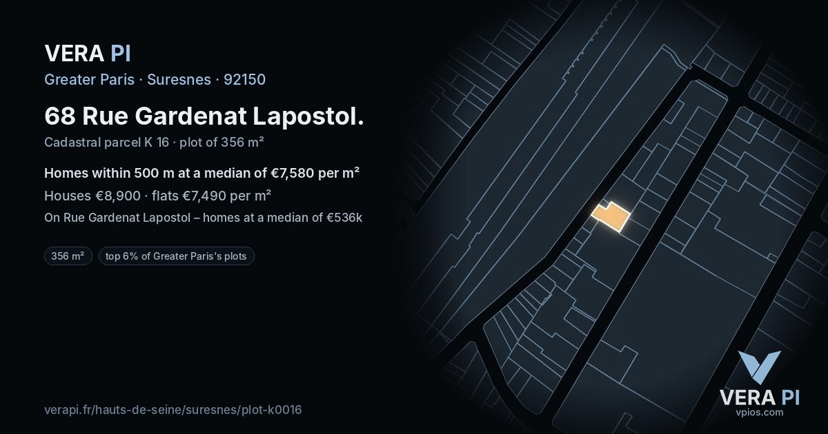 68 Rue Gardenat Lapostol, Suresnes at night – the plot lit, the parcels around coloured by the prices near them