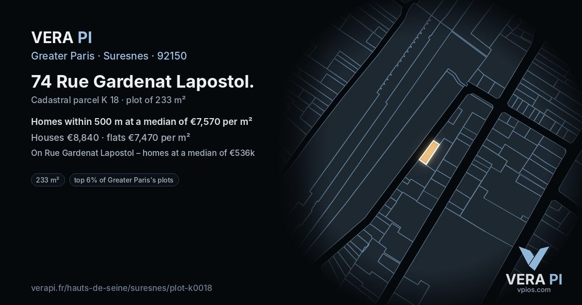 74 Rue Gardenat Lapostol, Suresnes at night – the plot lit, the parcels around coloured by the prices near them