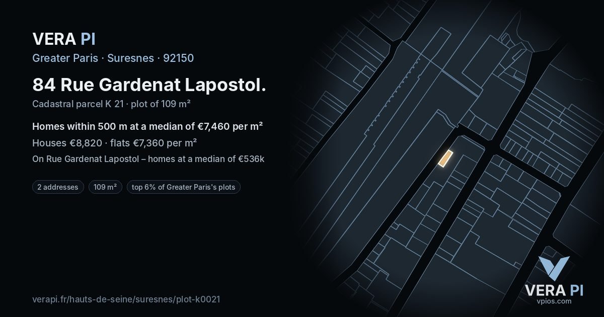 84 Rue Gardenat Lapostol, Suresnes at night – the plot lit, the parcels around coloured by the prices near them