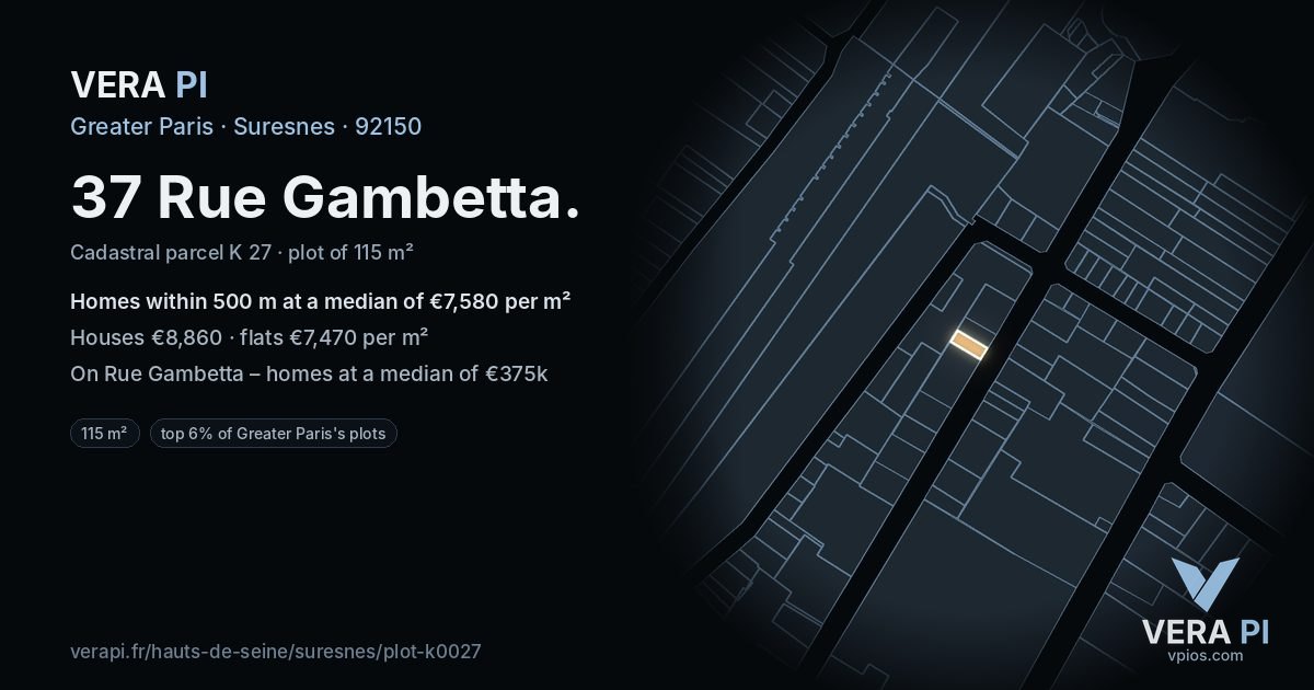 37 Rue Gambetta, Suresnes at night – the plot lit, the parcels around coloured by the prices near them