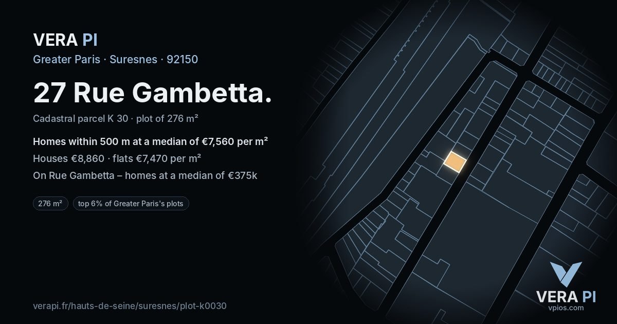 27 Rue Gambetta, Suresnes at night – the plot lit, the parcels around coloured by the prices near them