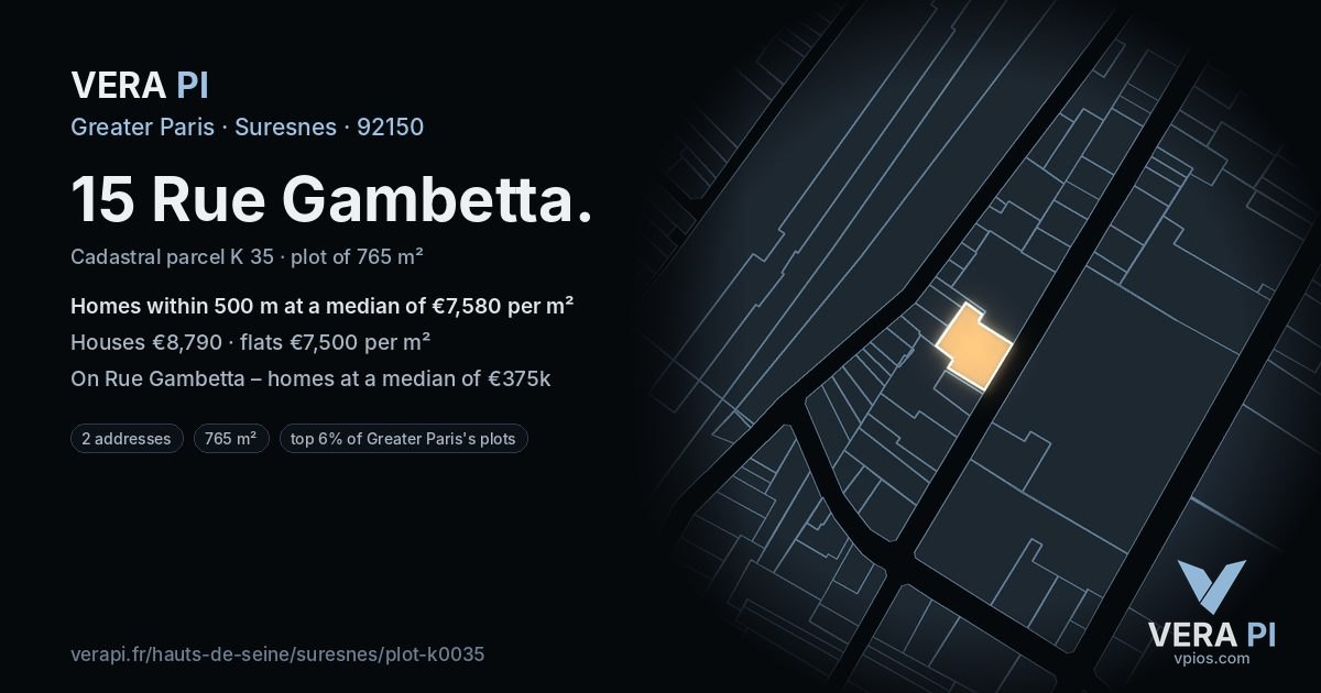 15 Rue Gambetta, Suresnes at night – the plot lit, the parcels around coloured by the prices near them