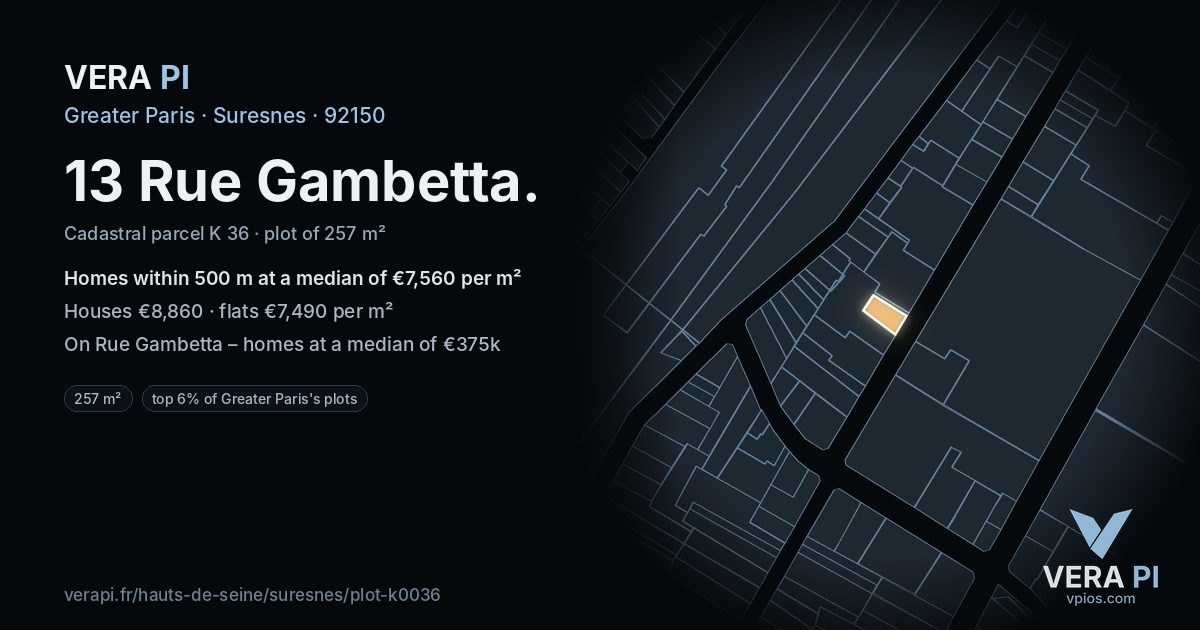 13 Rue Gambetta, Suresnes at night – the plot lit, the parcels around coloured by the prices near them