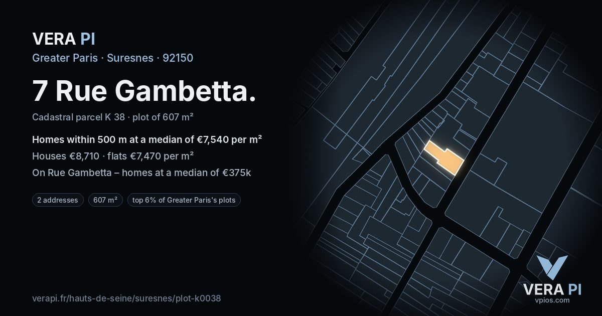 7 Rue Gambetta, Suresnes at night – the plot lit, the parcels around coloured by the prices near them