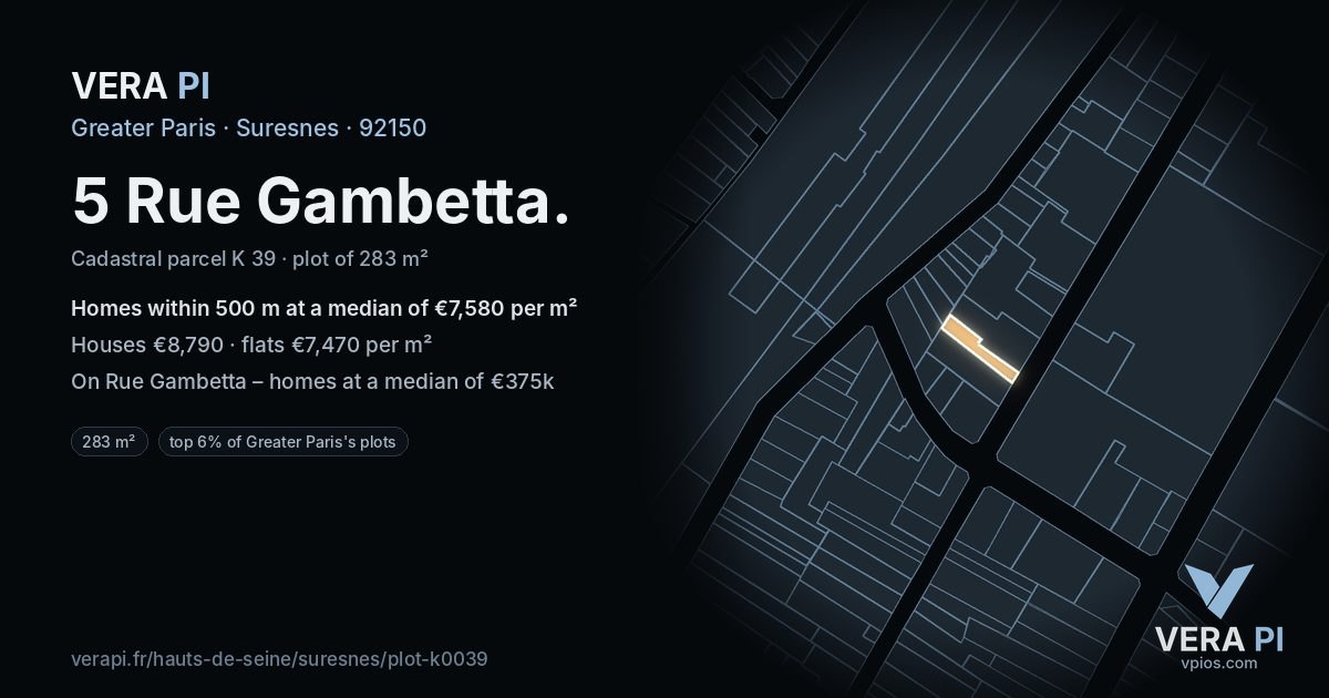5 Rue Gambetta, Suresnes at night – the plot lit, the parcels around coloured by the prices near them
