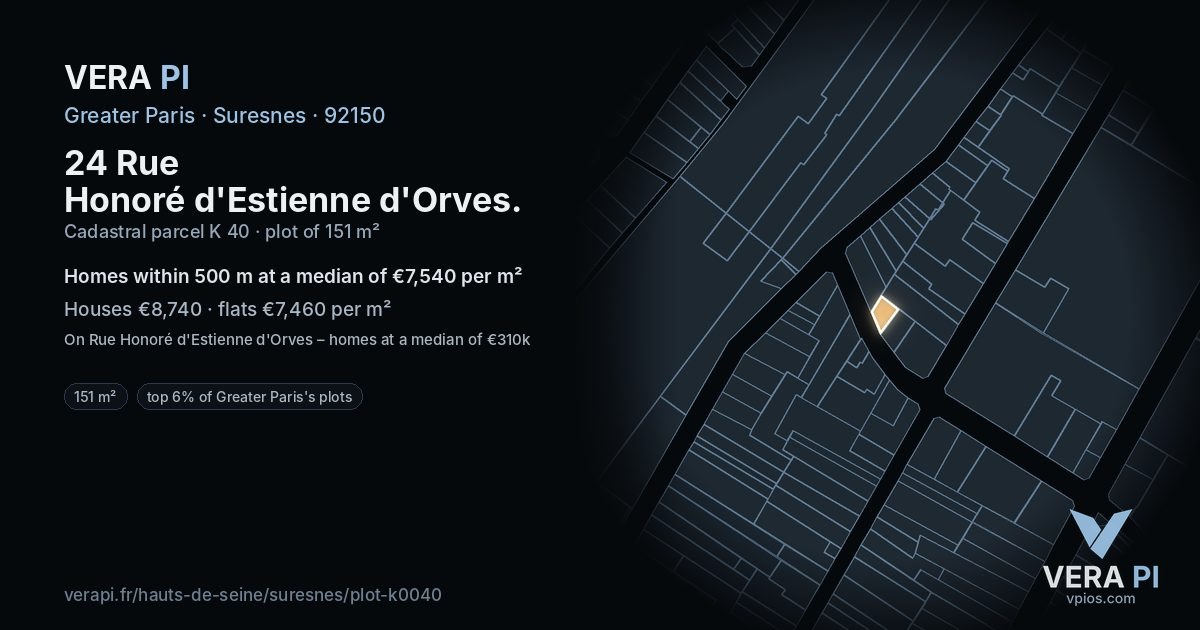 24 Rue Honoré d'Estienne d'Orves, Suresnes at night – the plot lit, the parcels around coloured by the prices near them