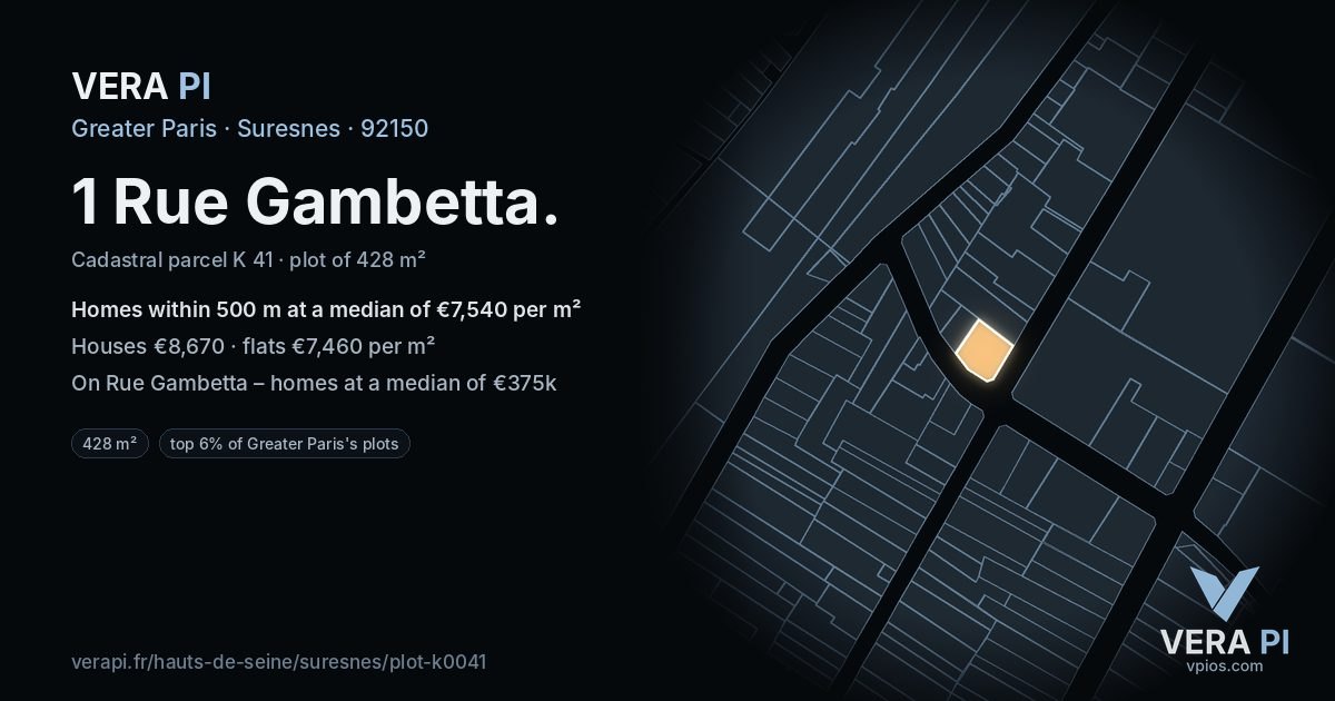 1 Rue Gambetta, Suresnes at night – the plot lit, the parcels around coloured by the prices near them