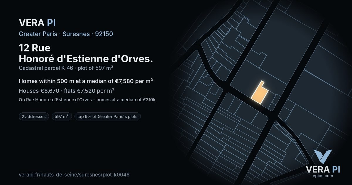 12 Rue Honoré d'Estienne d'Orves, Suresnes at night – the plot lit, the parcels around coloured by the prices near them
