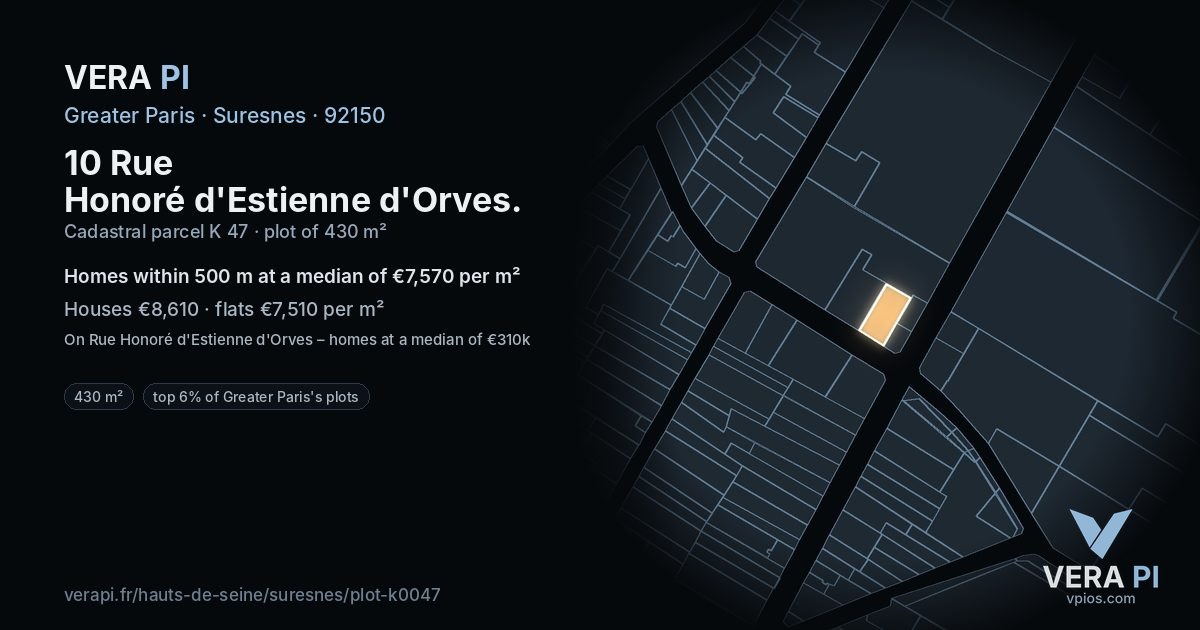 10 Rue Honoré d'Estienne d'Orves, Suresnes at night – the plot lit, the parcels around coloured by the prices near them