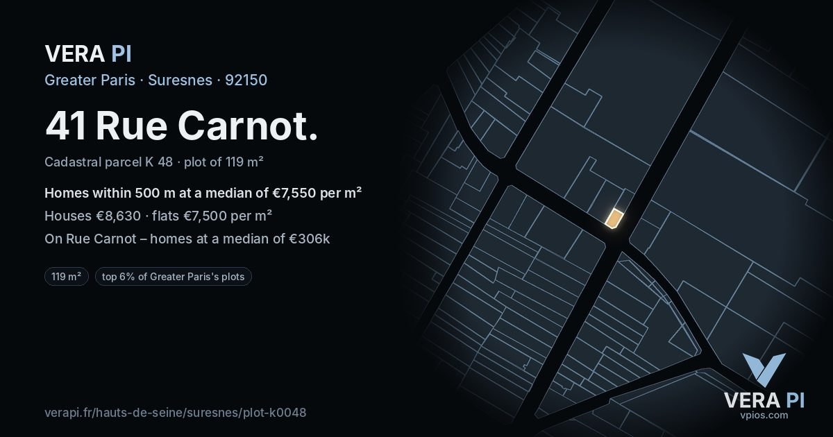 41 Rue Carnot, Suresnes at night – the plot lit, the parcels around coloured by the prices near them