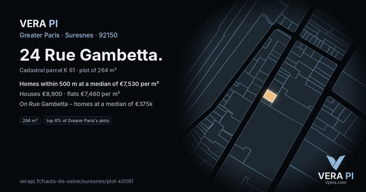 24 Rue Gambetta, Suresnes at night – the plot lit, the parcels around coloured by the prices near them