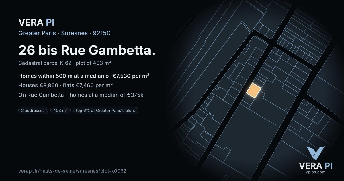 26 bis Rue Gambetta, Suresnes at night – the plot lit, the parcels around coloured by the prices near them